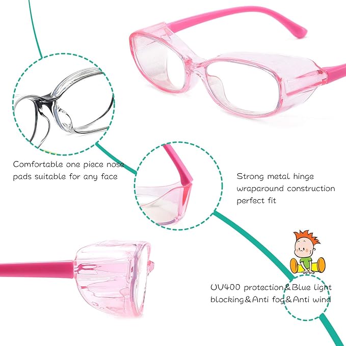 Safety Glasses Goggles Anti Fog Eye Protection Blue Light Blocking lens Side Shield Anti Pollen Soft TR90 for Boys Girls(Pink)