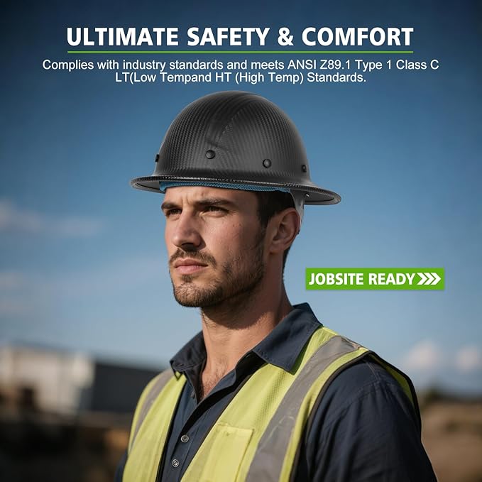 GREEN DEVIL Carbon Fiber Full Brim Hard Hat OSHA & ANSI Rated Hardhat for Men with Brim Guard