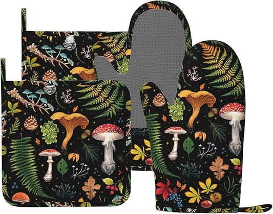 Mushroom Oven Mitts and Pot Holders Sets Silicone Mushrooms Kitchen Mitts Potholders Heat Resistant 4Pcs Oven Gloves Hot Pads for Kitchen Baking Cooking BBQ Grilling