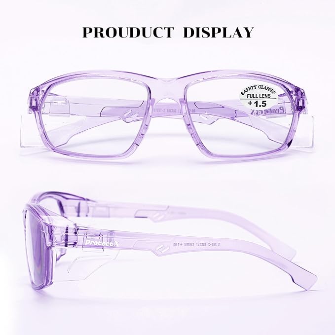 ProtectX Stylish Anti-Fog & Scratch-Resistant Safety Glasses With Readers, UV Protection Goggles, Anti-Impact Lightweight Glasses for Men＆Women Lilac Reading 1.5-2 Pack