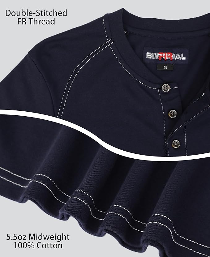 BOCOMAL Men's FR Shirt Pocket Henley Lightweight Flame Resistant Cotton Long Sleeve Workwear UL NFPA2112 CAT2 Welding Tee