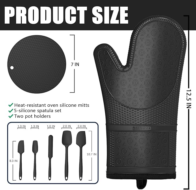 Oven Mitts with Heat-Resistant Hot Pads and Five Silicone Spatulas Designed for Kitchen Baking Cooking, Oven Glove Soft Cotton Lining, Waterproof, BPA-Free (New-Black, 12.6)