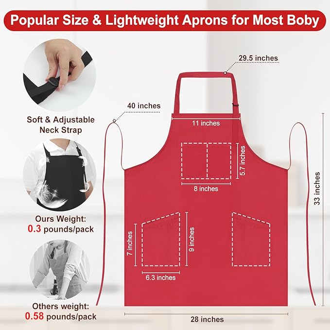 3 Pcs Dual Waterproof Oilproof Kitchen Chef Aprons with 4 Pockets for Men Women, Adjustable Soft Anti-Tear Cooking Bib Apron for Baking Grilling BBQ Painting Cleaning (Red)