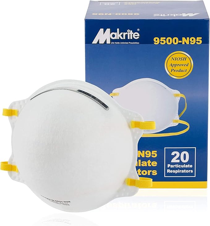 NIOSH Certified MAKRITE 9500-N95 Pre-Formed Cone Particulate Respirator Mask, M/L Size (Pack of 20 Masks)
