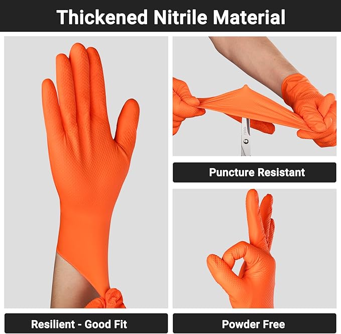 10 Mil Nitrile Gloves for Working, Cleaning, Cooking, 100 PCS Chemical Resistant Heavy Duty Disposable Orange Nitrile Gloves Work, Medium, Latex Free, Industrial Camping Essentials