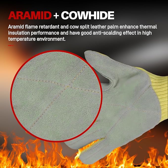 Heat Cut Resistant Gloves,Aramid leather Oven Gloves with Fingers,Heat Resistant Up to 450°F, Thick Knit Design- Grill Mitts for Men & Women(Aramid leather, Small)