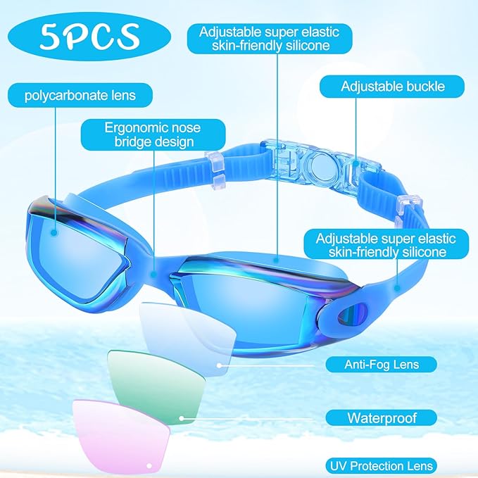 Macarrie 5 Pairs Swimming Goggles for Adults Kids Anti Fog Pool Goggles bulk No Leaking Glasses with Ear Plugs Nose Clip