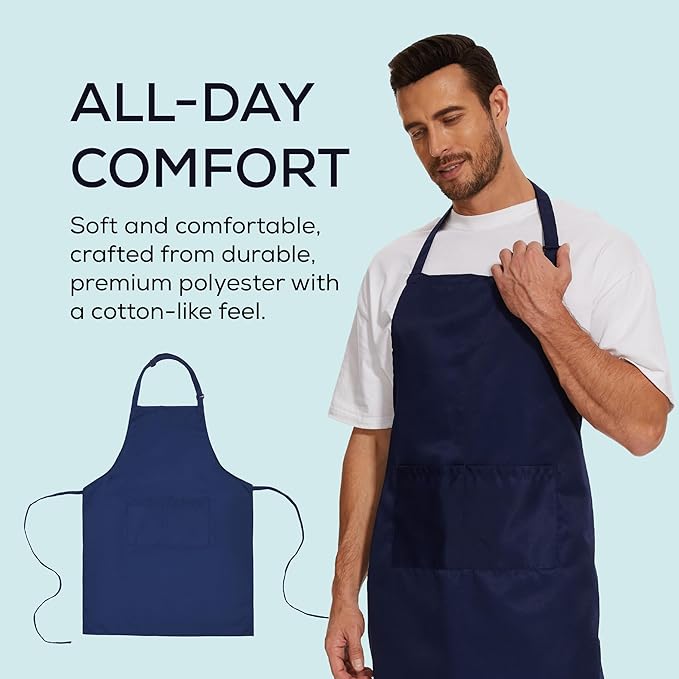 Will Well Kitchen Apron for Men and Women - 33" x 27" Oil-and-Water-Resistant with Adjustable Neck Strap and 38" Waist Ties for a Snug Fit, Lightweight with 2 Front Pockets - 6-Pack, Navy