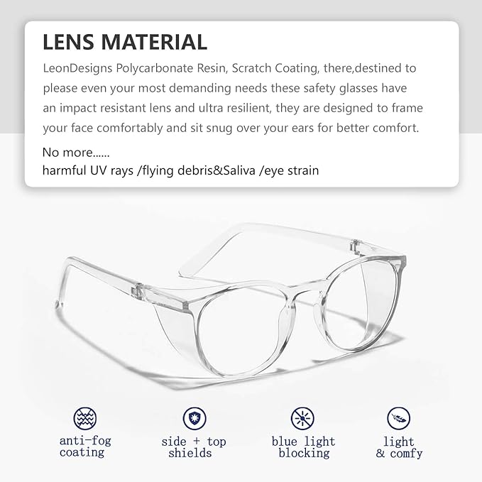 Anti-Fog Stylish Round Safety Glasses Side Shields | UV Eye Protection HD Blue Light Blocking Glasses | Comfortable Clear Lab Goggles for Men and Wome (White)