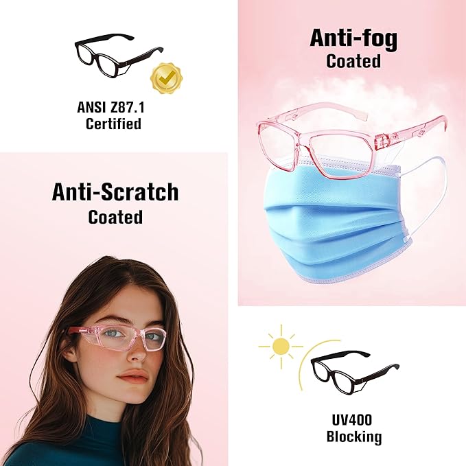 ProtectX Stylish Anti-Fog & Scratch-Resistant Safety Glasses, UV Protection Goggles, Anti-Impact Lightweight Glasses for Men＆Women Pink Clear