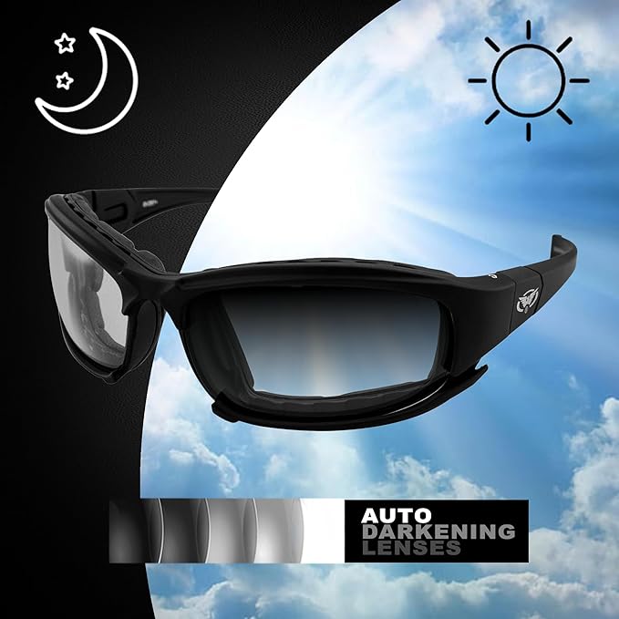 Global Vision Assault 24 Motorcycle Sunglasses Safety Glasses ANSI Z87.1 Convertible to Goggles Foam-Padded Black Frame w/Photochromic Lenses (Clear to Smoke)