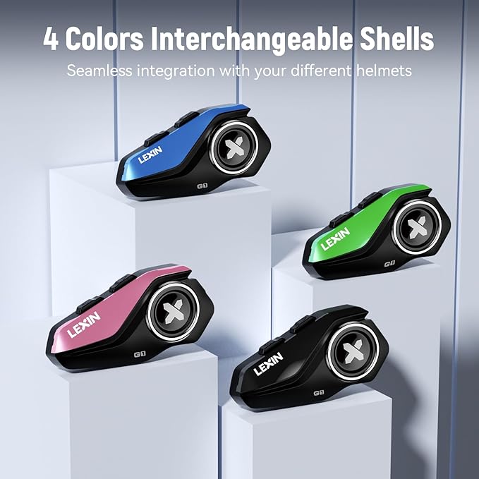 LEXIN G1 Motorcycle Bluetooth Headset, Helmet Speakers with 2 Type Mics, Hands-Free Call/Music/GPS, IP67 Waterproof Motorcycle Headphones with HD Stereo Loud Sound, 4 Color Faceplates, Singe Use