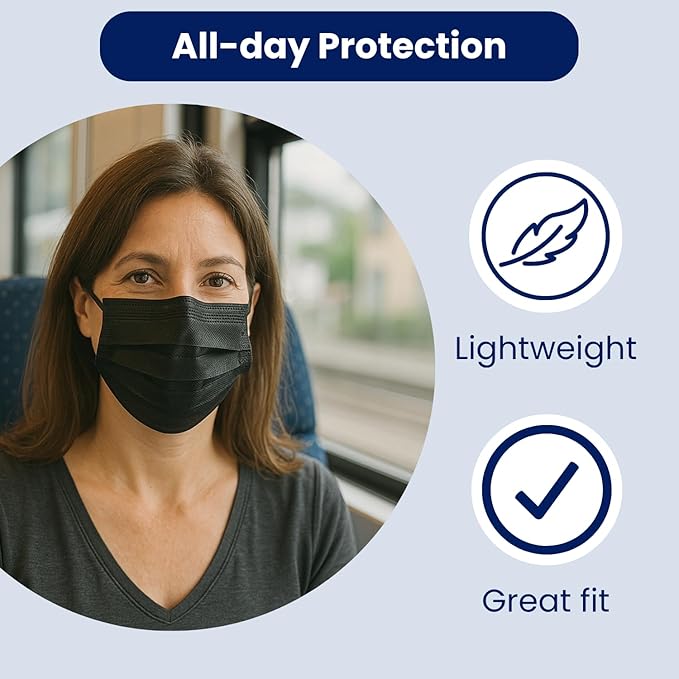 MAGICARE Masks Made in USA - Black Face Masks, Disposable - Adult 3 Ply Black Mask - Soft, Breathable (50/Box)