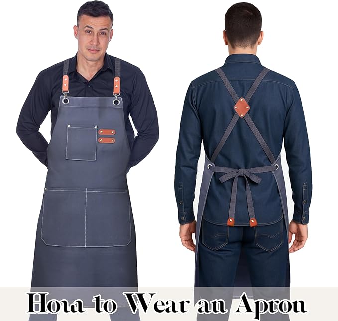 Chef Apron for Men Women with Pockets,Cross Back Cotton Canvas Plus Size Apron for Cooking BBQ Baking Gardening