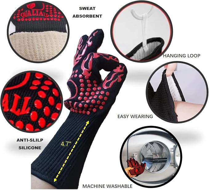BBQ Gloves, 1472°F, EN407 Certified. Extreme Heat Resistant, Long Sleeve, Anti-Slip, Sweat Absorption, Comfier Easier and Safer for Grilling, Barbecue, Smoking, Cooking, Baking, Pot Holding. Red