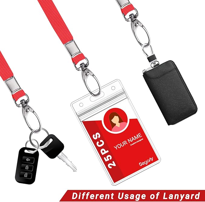 Segarty Lanyards with ID Holder, 25 Pack Vertical Badge Clear Plastic Name Tags Neck Key Card Bulk, Red Strap Clips Waterproof Ziplock Nametag Protector for Women, Business, Student, School, Office