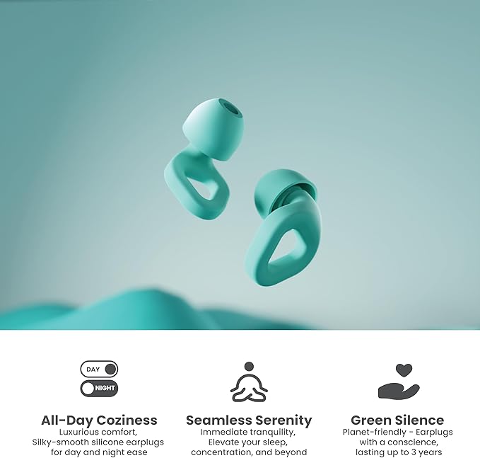 Zenz Unwind Ear Plugs for Sleeping Noise Reduction - Comfy Reusable Soft Silicone Earplugs for Focus, Study, Work - 8 Pair Eartips in XS/S/M/L - 27dB Hearing Protection with Storage Case - Mossy Mint