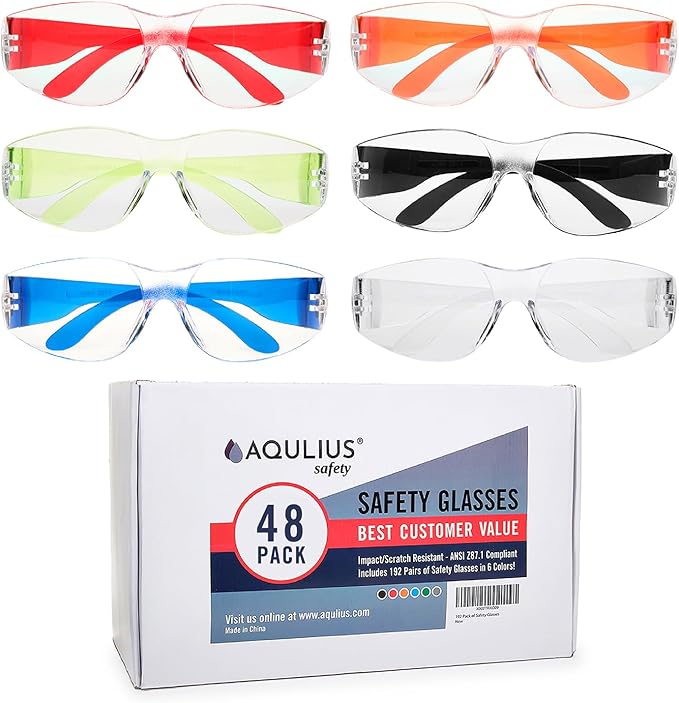 Aqulius 48 Pack of Safety Glasses (48 Protective Goggles) Crystal Clear Eye Protection - Perfect for Construction, Shooting, Lab Work, and More!