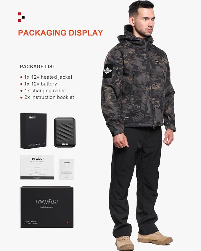 DEWBU Heated Jacket for Men with 12V Battery Pack Winter Outdoor Soft Shell Electric Heating Coat