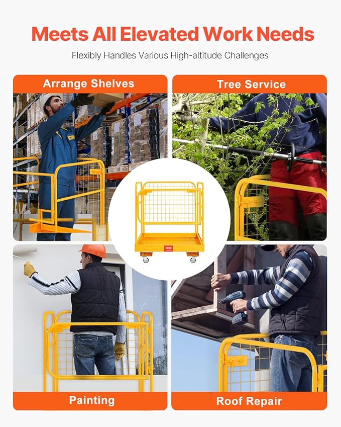 VEVOR Forklift Safety Cage, 36 x 36 Inches Foldable Forklift Work Platform of 1200 lbs Load Capacity with Lockable Swivel Wheels, Drain Hole & Device Chain, Holds 1 to 2 Adults, Ideal for Aerial Work