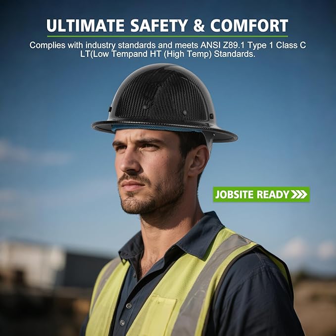 GREEN DEVIL Carbon Fiber Full Brim Hard Hat OSHA & ANSI Rated Hardhat for Men with Brim Guard