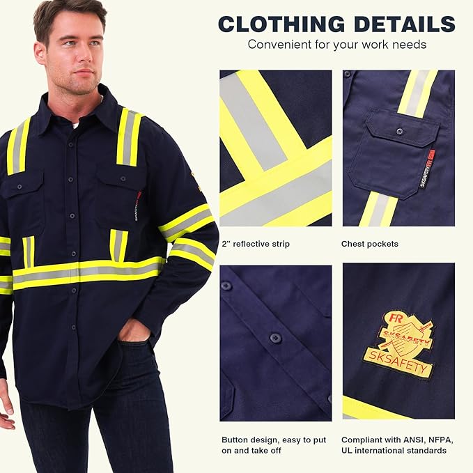 SKSAFETY 7oz FR Shirts for Men, Welding Shirt Hi Vis Flame Resistant 100% Cotton Fire Retardant Longsleeve Shirt CAT2/NFPA