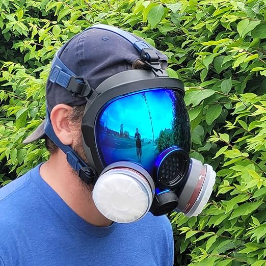 ST-100X Arctic Blue Mirrored Survival & Tactical Full Face Respirator with P-D-1 Single 40mm Carbon Activated Charcoal Filter Canister
