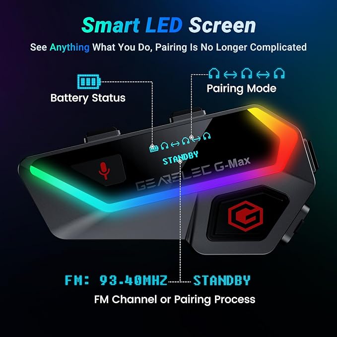 gearelec Motorcycle Helmet Bluetooth Headset V5.2BT【HiFi Stereo Sound】【Screen and RGB Lights】 80Mph Clear Calls Helmet Communication Systems 2000M 6 Riders Intercomunicador para Casco De Moto 2 Pack