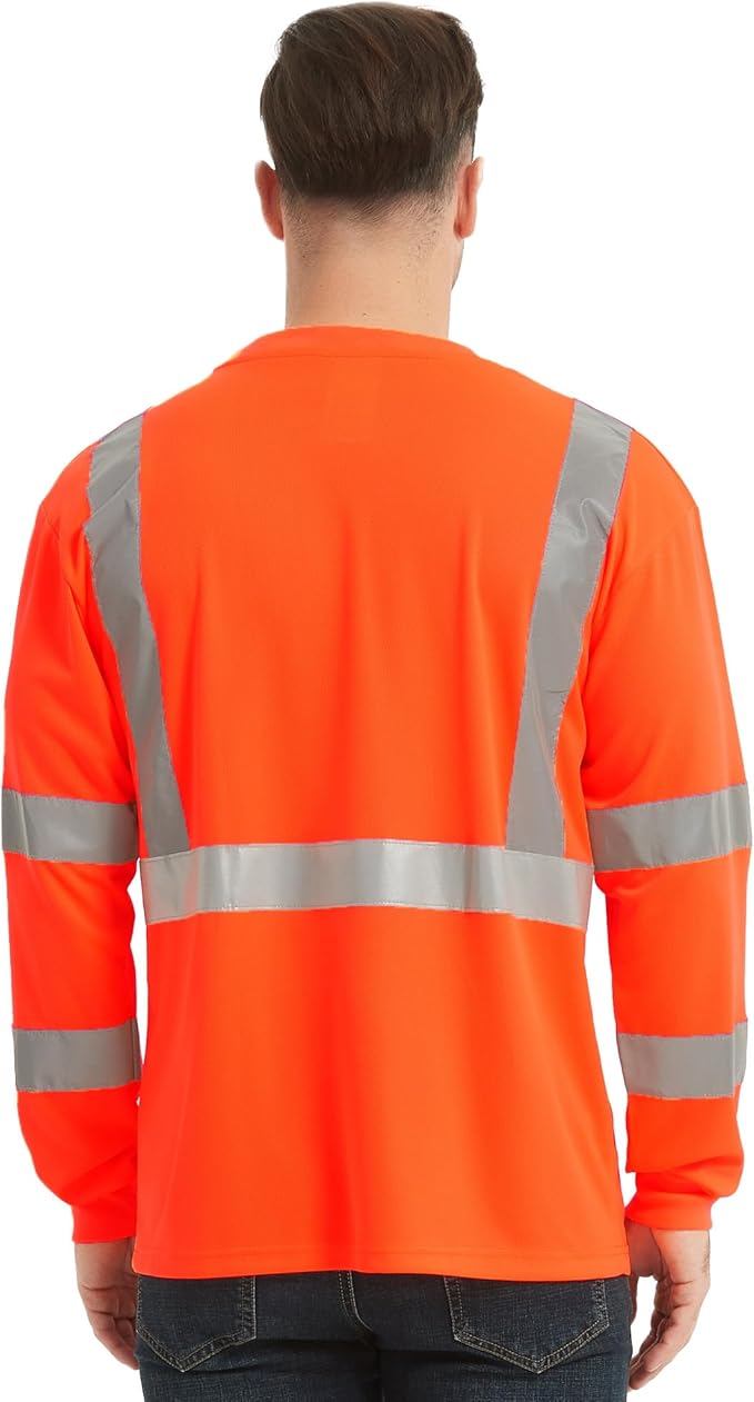 ProtectX Men's High Visibility Heavy Duty Long Sleeve Reflective Safety T-Shirts for Construction, Class 2-3 Type R