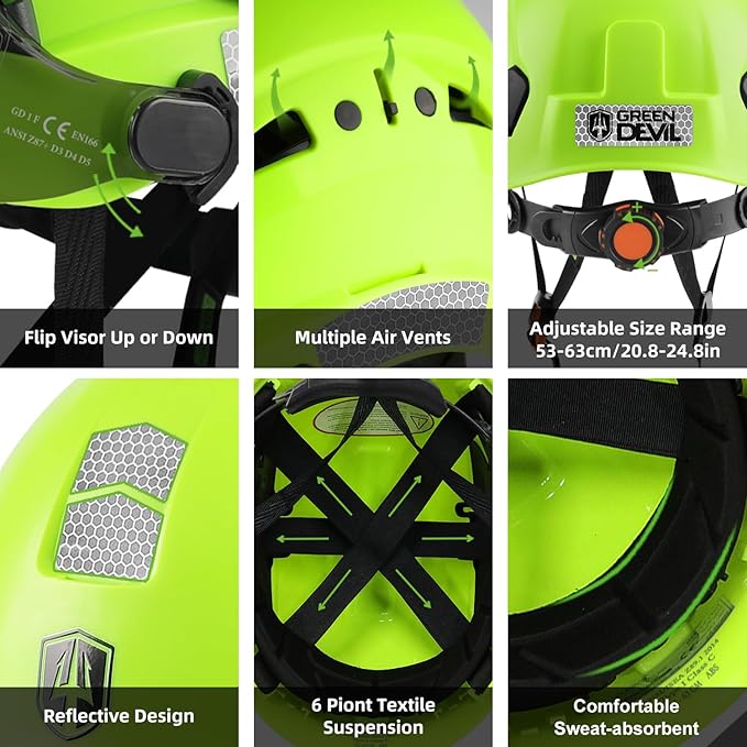 GREEN DEVIL Hard Hat Safety Helmet with Visor Bluetooth Ear Muffs and Headlamp 5 in 1 Full Protection Vented Work Hardhat ANSI Z89.1 Cascos De Construccion for Industrial Construction Forestry