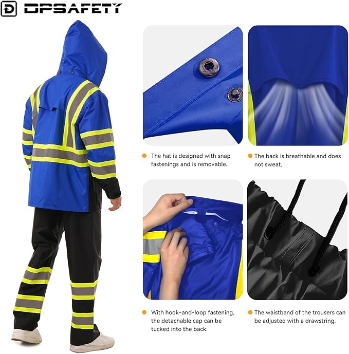 Hi Vis Safety rain Jacket，Reflective Class 3 Rain coat with Inner Mesh Lining and Pockets High Visibility Waterproof work Rain Suits for men&women（Blue,2XL/3XL）