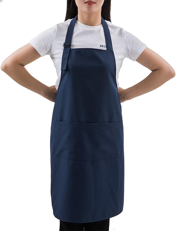 Navy Professional Resist Water Adjustable Extra Long Bib Apron 3 Pockets Home Kitchen Garden Restaurant Cafe Bar Pub Bakery for Cooking Chef Baker Servers Craft Unisex