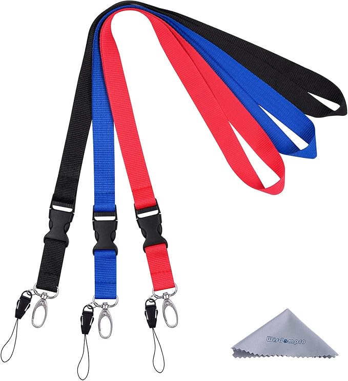Wisdompro Office Lanyard, 3 Pack 23 inch Quick Release Neck Strap Lanyard with Detachable Buckle, String Loop for Keys, ID Badges, Card Holder, USB Flash Drives, Cell Phones - Black, Blue, Red