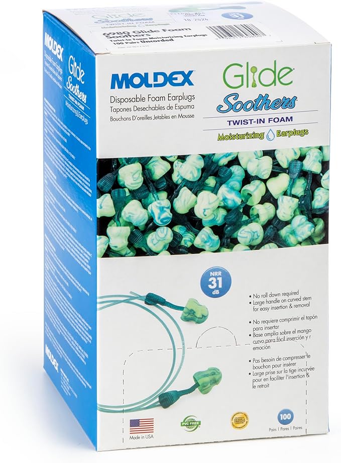 Moldex Glide® Soothers Moisturizing Soft Comfortable Foam Earplugs – Corded Disposable Ear Plugs for Hearing Protection, Noise Reduction (NRR 31dB), 100 Pairs, 6985
