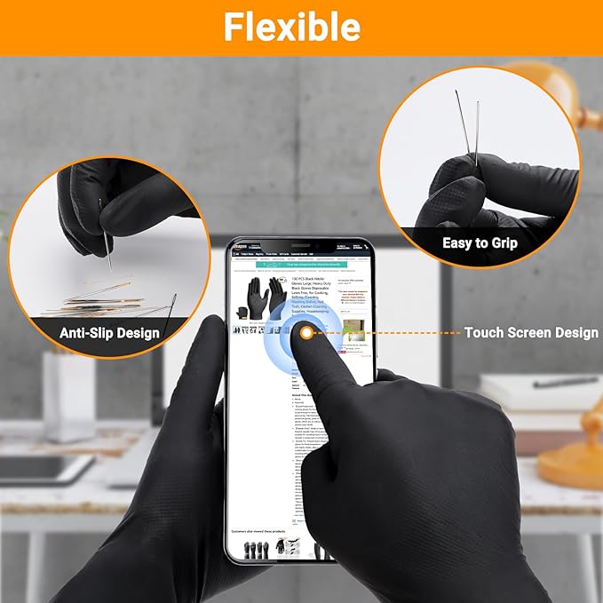 8 Mil Thick XL Nitrile Gloves for Men & Women, Latex Free Chemical Resistant Disposable Heavy Duty Work Gloves for Men & Women Cooking, Cleaning, Camping Essentials, Black