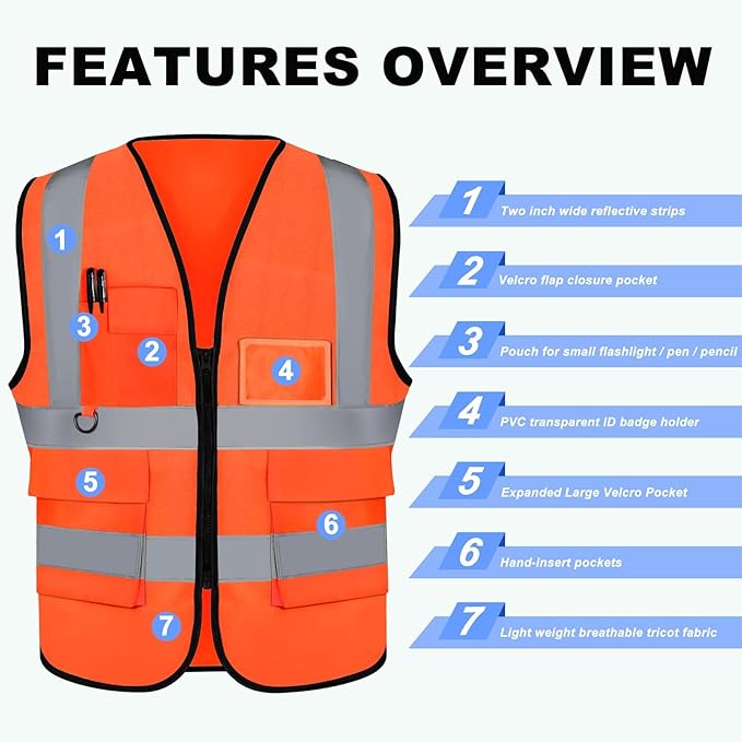 XPCARE 2-Pack Hi Vis Reflective Safety Vest with Pockets,High Reflective Strips Zipper Work Vest for Men and Women,Orange(Medium)