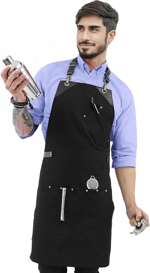 Under NY Sky Barista Apron - Black Leather Straps and Reinforcement - Riveted Pockets - Double Stiched - Leather Ring Loop - Professional Black Twill - Double as Half Bistro Apron - Chefs, Bartender