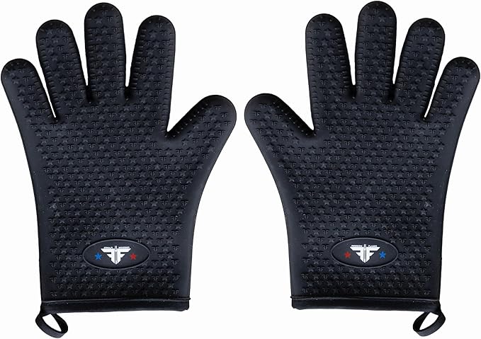 Silicone Oven Mitt - Heat Resistant BBQ Gloves with Fingers for Grilling or Smoker Pit, Easy Clean Waterproof Heat Proof Grill Glove for Baking & Cooking (Black)