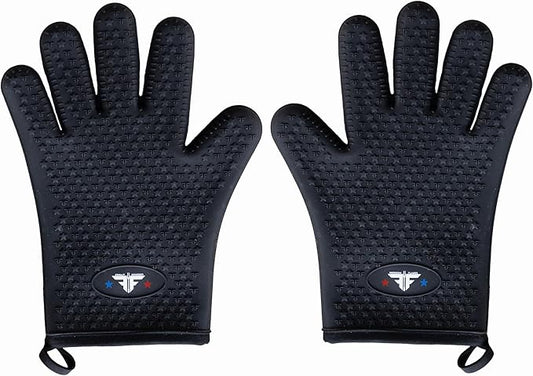 Silicone Oven Mitt - Heat Resistant BBQ Gloves with Fingers for Grilling or Smoker Pit, Easy Clean Waterproof Heat Proof Grill Glove for Baking & Cooking (Black)