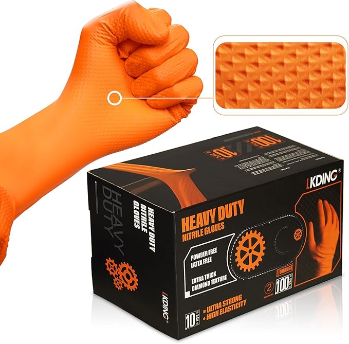 Heavy Duty Nitrile Gloves, 10-mil Thick, Diamond Texture, Powder and Latex Free, Set of 100