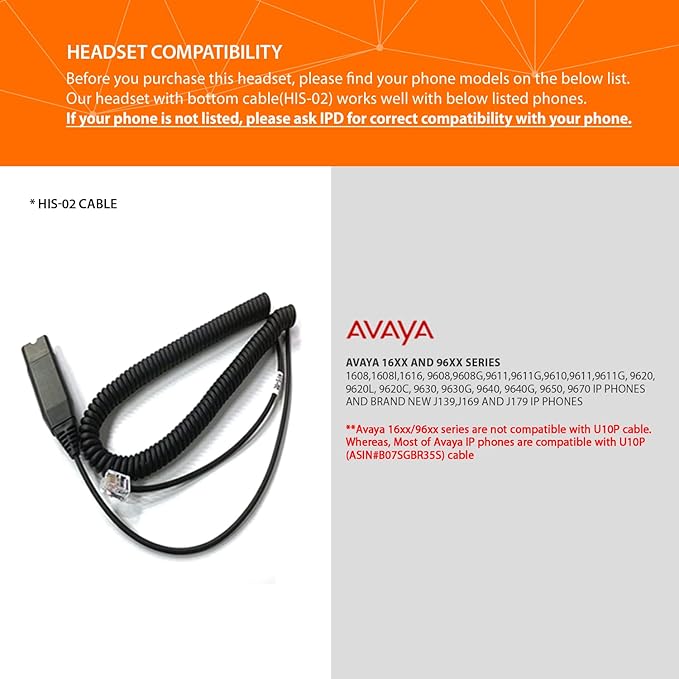 IPD IPH-250 Phone Headset with Noise Cancelling Microphone for Office and Call Center-Compatible with Avaya 1608 1616 9601 9608 9611 9611G 9620 9621 9630 9631 9640 9641 9650 9670 J139 J159 J169 J179