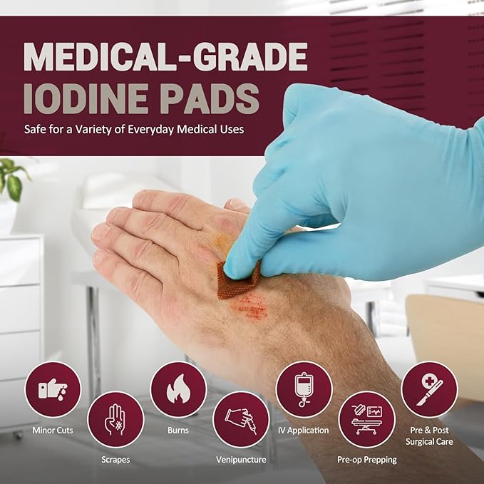 MED PRIDE Individually Wrapped Iodine Wipes, 10% Povidone Iodine Prep Pads, Alcohol-Free Antiseptic for Wounds (100 Count)