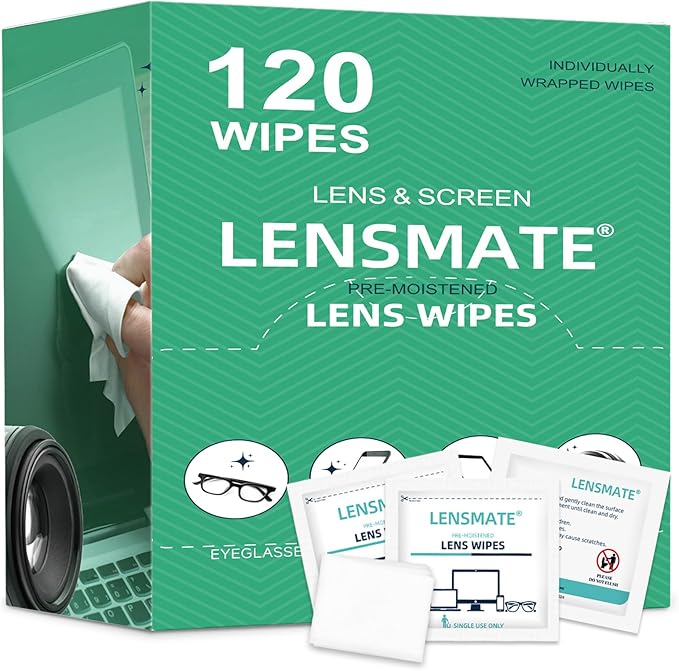 Lensmate 120 Count Lens Wipes for Eyeglasses, Pre-Moistened & Individually Wrapped Eyeglass Wipes, Lens Cleaning Wipes for Eyeglasses, Sunglasses, Goggles and Camera Lens