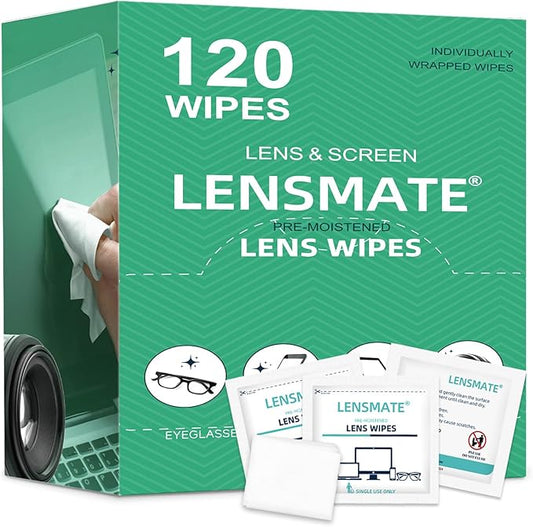 Lensmate 120 Count Lens Wipes for Eyeglasses, Pre-Moistened & Individually Wrapped Eyeglass Wipes, Lens Cleaning Wipes for Eyeglasses, Sunglasses, Goggles and Camera Lens
