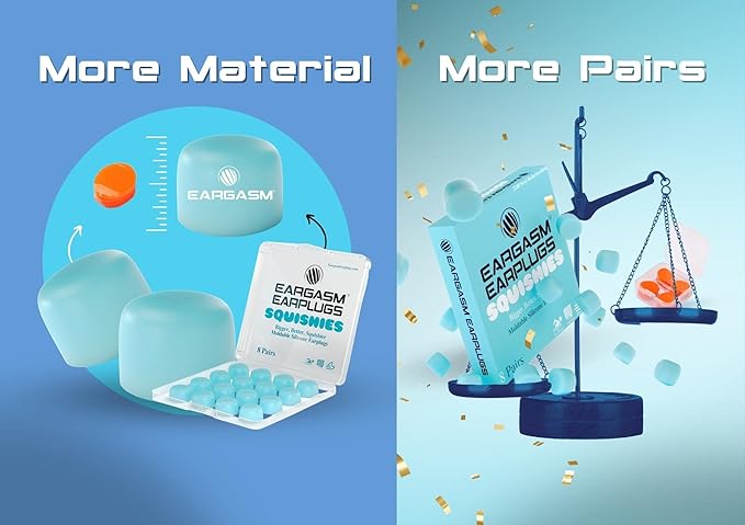Eargasm Squishies - Blue Moldable Multipurpose Noise Reduction Noise Cancelling Waterproof Airtight Ear-Plugs for Sleeping, Snoring, Working, Studying, Swimming and More - Storage Case Included