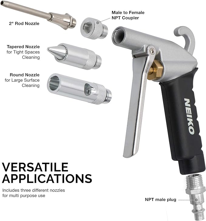 NEIKO 31121A High Flow Air Blow Gun | 3 Pc Pneumatic Air Nozzle | Dust Gun | Air Gun Compressor Accessories | ¼”