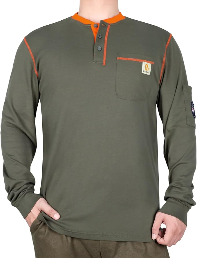 BOCOMAL FR Shirts for Men CAT2 5.5oz Long Sleeve Henley Workwear Flame Resistant Fire Retardant Shirt