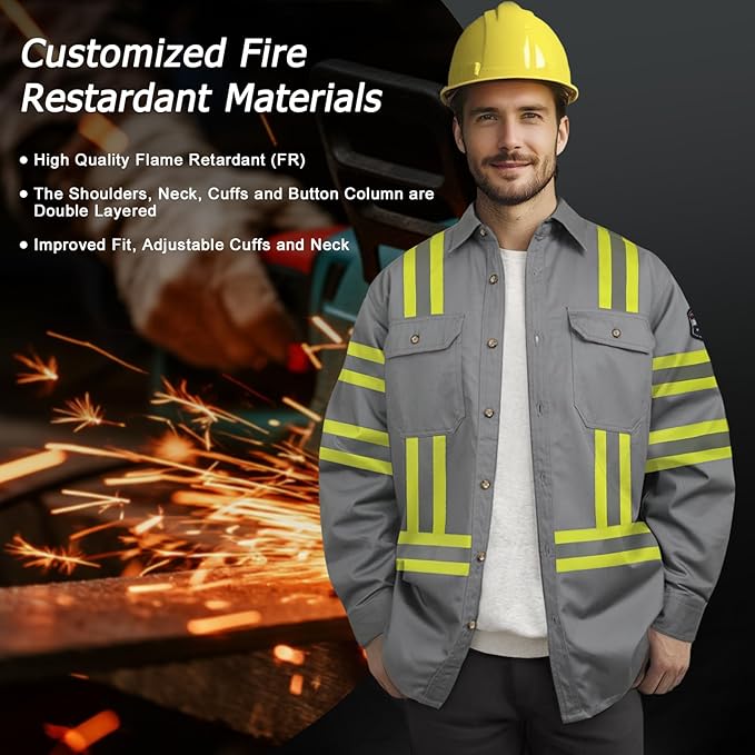 Welding Shirts for Men 7.5oz FR Shirts, 100% C High Vis Flame Resistant FR Jackets for Men, Men's Fire Retardant Welding Shirt, Durable FR Clothes, Meets NFPA2112, Grey-ZRWD 3XL