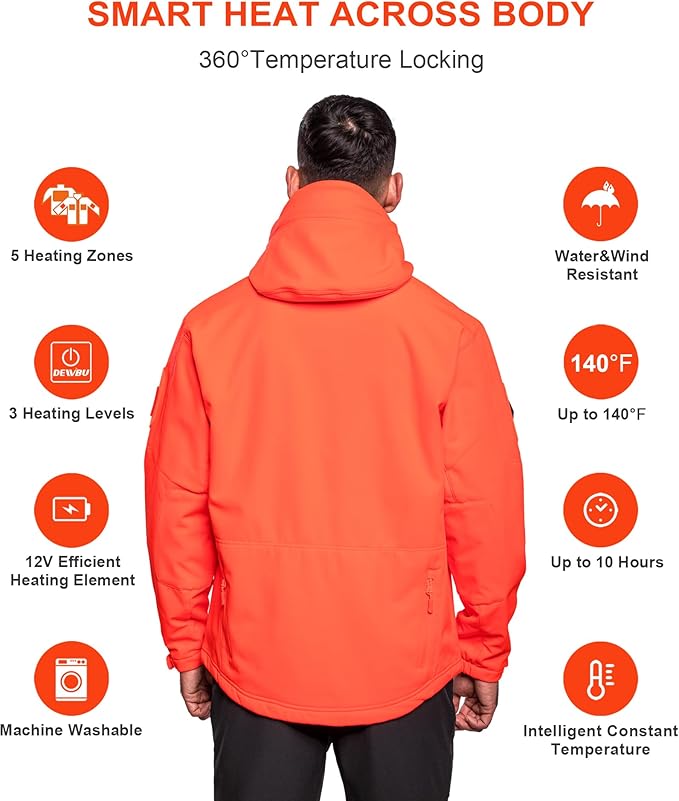 DEWBU Heated Jacket for Men with 12V Battery Pack Winter Outdoor Soft Shell Electric Heating Coat