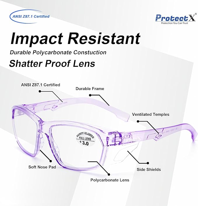 ProtectX Stylish Anti-Fog & Scratch-Resistant Safety Glasses With Readers, UV Protection Goggles, Anti-Impact Lightweight Glasses for Men＆Women Lilac Reading 3.0-6 Pack